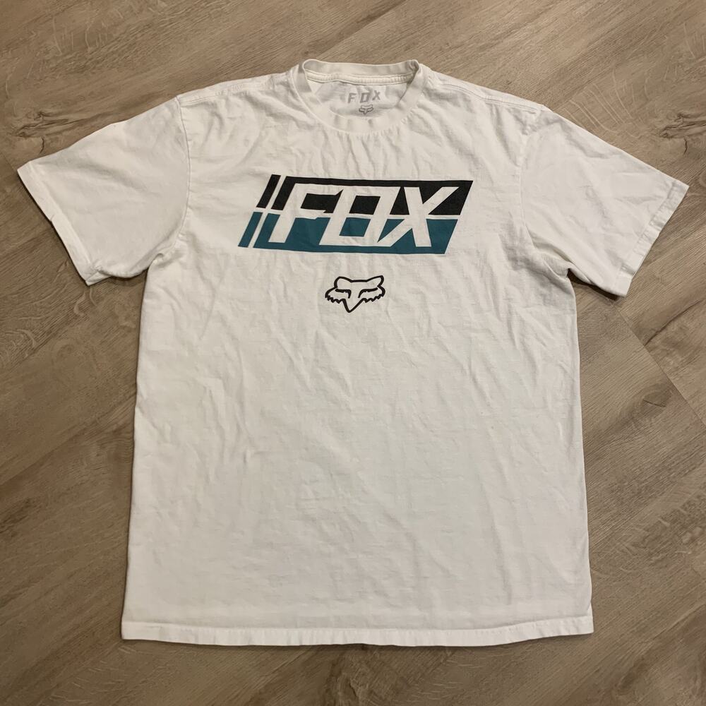 Fox Racing Teal Black Logo T-Shirt Men's Large L White Graphic Tee Motocross Y2K